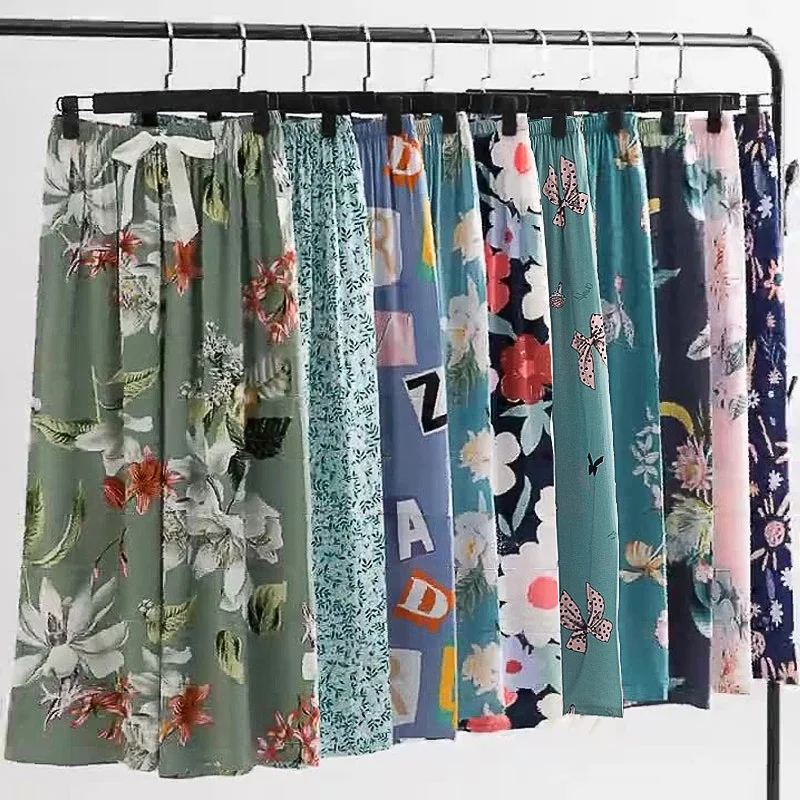 

Женские милые пижамные штаны с принтом, свободные широкие штаны для дома, летние Мягкие штаны до щиколотки с цветочным принтом для сна, весна-лето