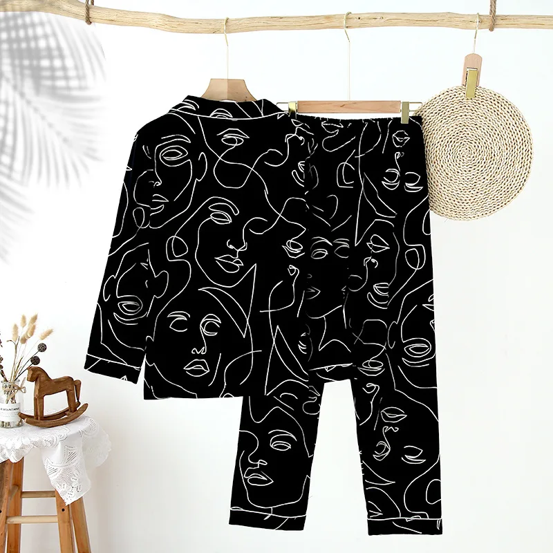 Cotton Loose Pajama Set Women Long Sleeve Nightwear Autumn Turn-down Collar Printing Pajamas Men Loungewear Sleepwear Black