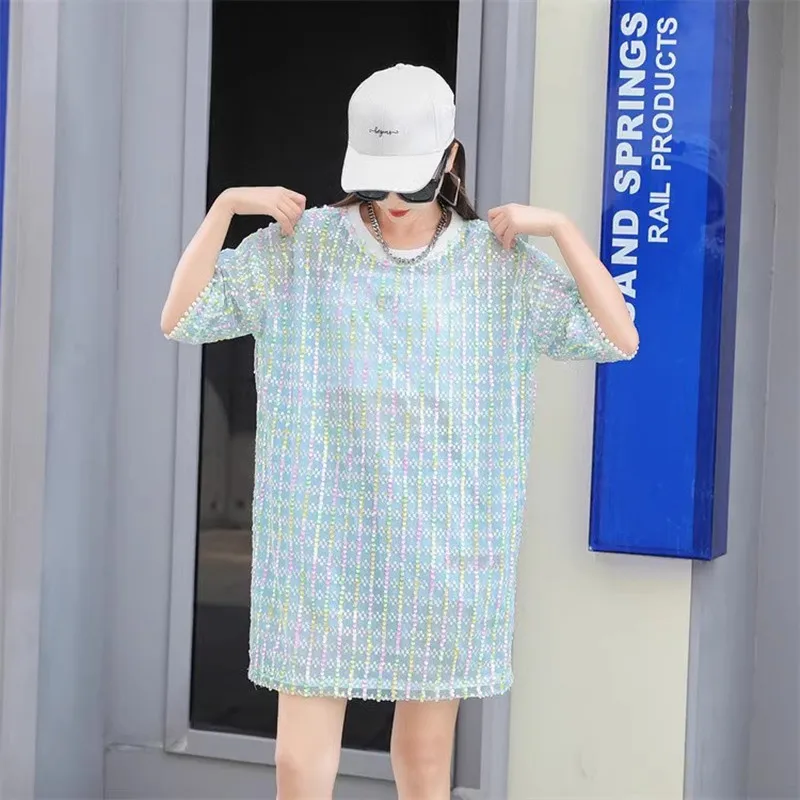 

DALAMZZO Hot Sales Streetwear Pearls Short Sleeve New Summer T Shirt Top Women Fashion Sequins Loose Straight Long Tops Female