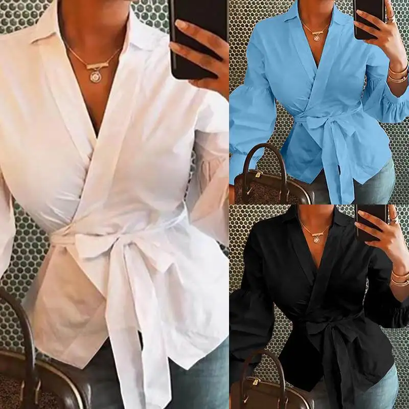

Spring New Long Sleeve V-Neck Lantern Sleeve Button Solid Shirt Women's Dress