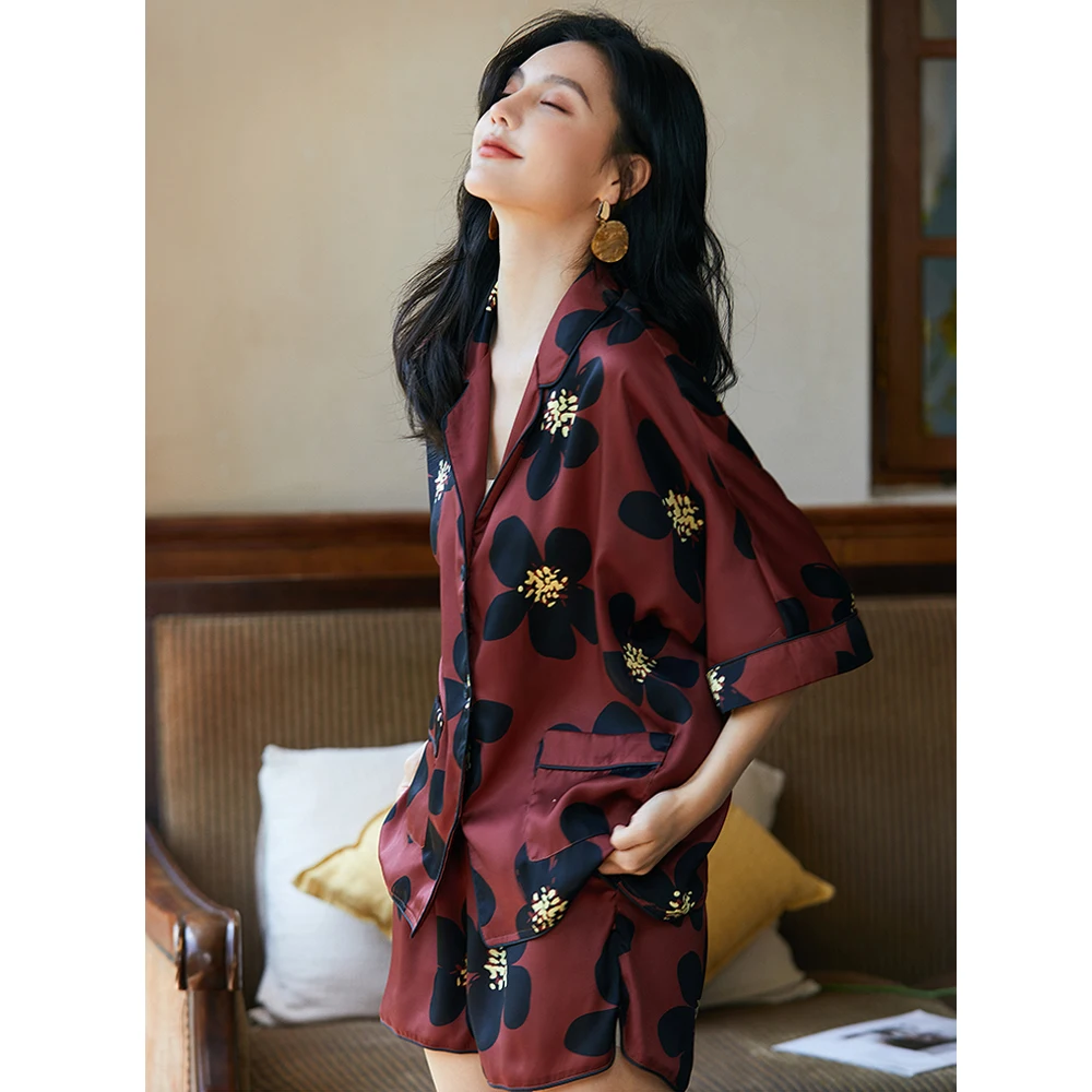 Summer Suit Plant Print Satin Pajamas Set Women's Home Wear Long Sleeve Elastic Waist Temperament Sleepwear Two Piece Pajama Set