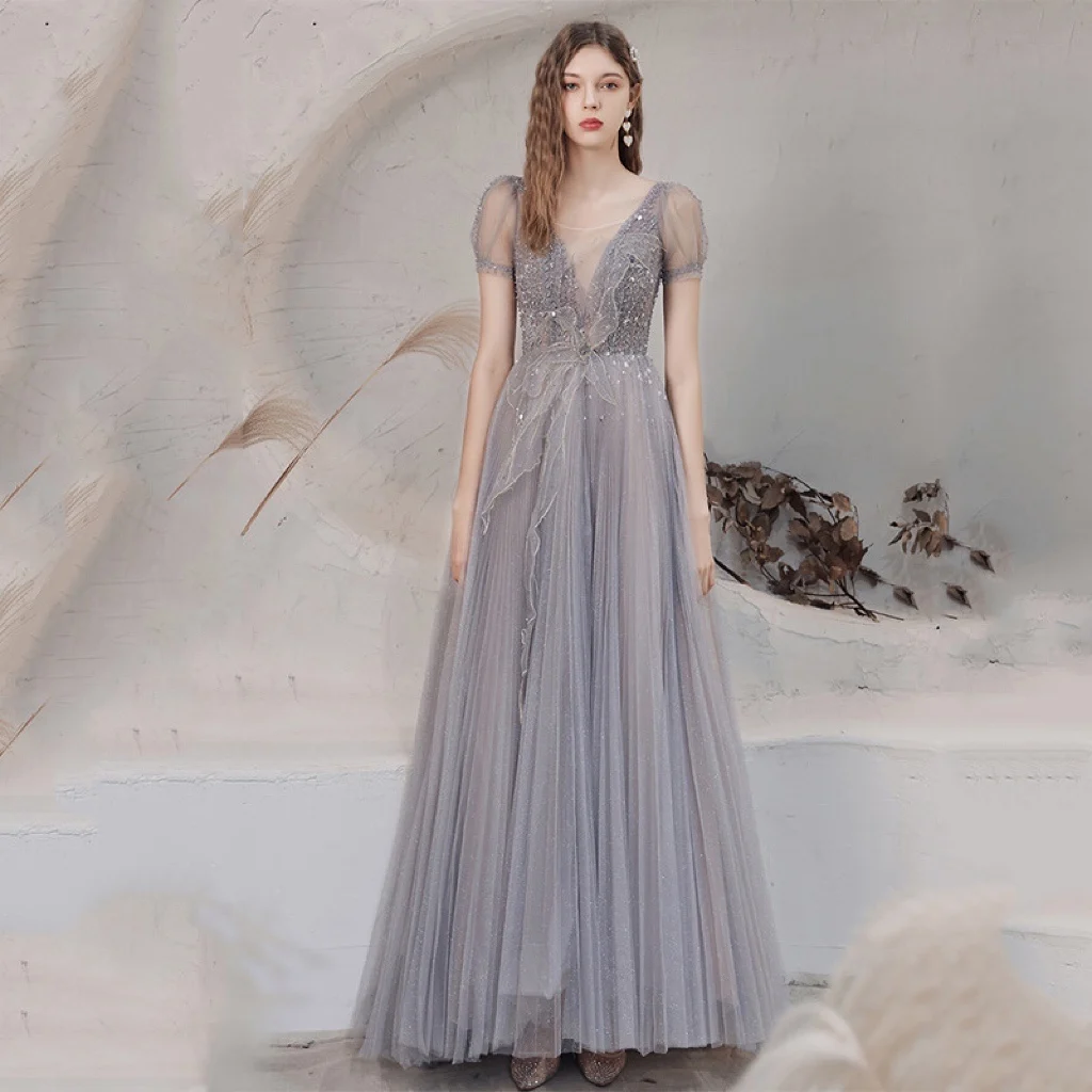 

Роскошные серые вечерние платья, тюлевые кружевные платья с коротким рукавом и открытой спиной, платья до пола с блестками для свадьбы, вече...