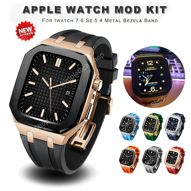 

Ремешок из нержавеющей стали для IWatch серии 45 мм 44 мм, модифицированный металлический глухой фторрезиновый браслет для Apple Watch 7 SE 6 5 4