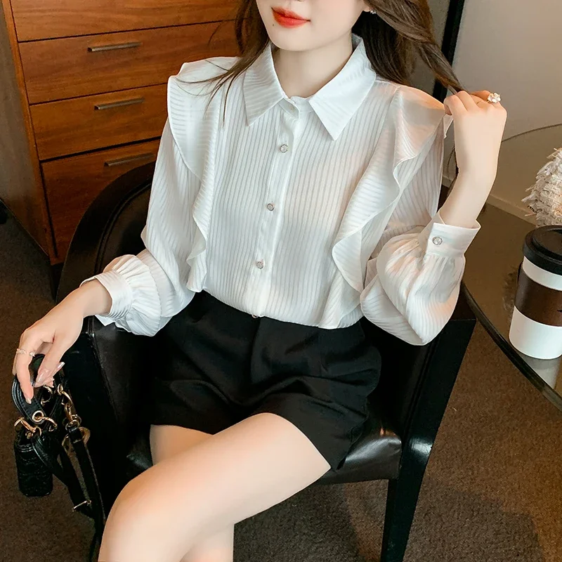 Новая женская рубашка с длинным рукавом и отложным воротником шифоновая блузка в
