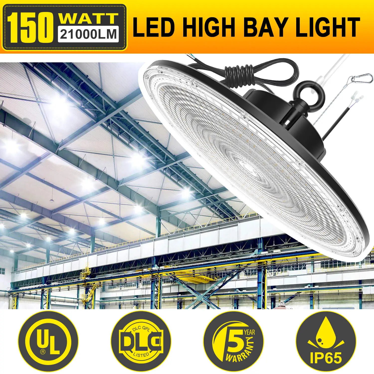 UFO LED High Bay Light 150W 22,500LM AC100-277V Up and Down Lighting 0-10V Dimmable 5000K Daylight For Garage Factory Warehouse