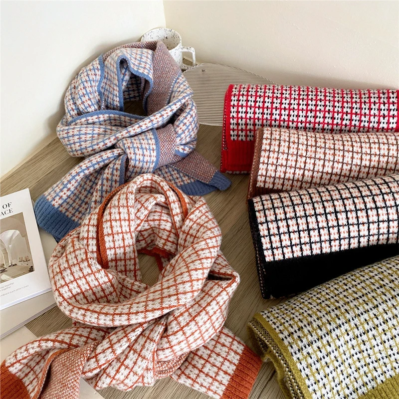 

Women Cashmere Scarf Woolen Yarn Neckerchief Winter Plaid Knitted Scarf Lattice Long Shawl Wrap Elastic Skinny Bandana Scarves