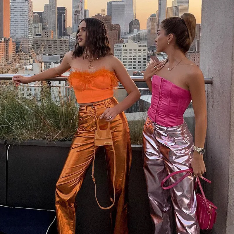 

Женские брюки, новинка 2023, эластичные прямые брюки из искусственной кожи с ярким лицом металлического цвета