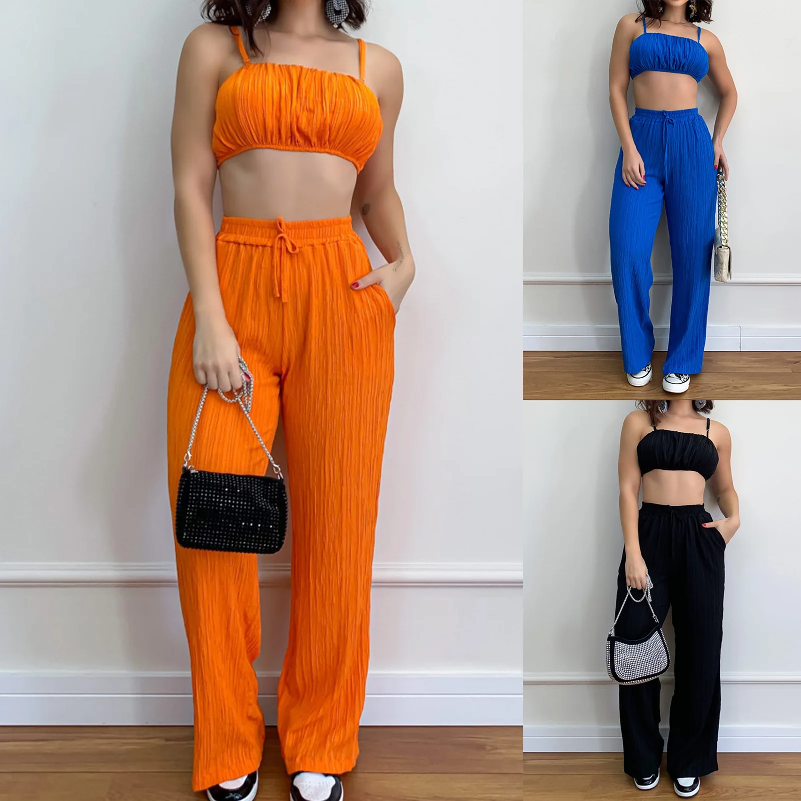 

Women Pants Set Summer Solid Sleeveless Waistless Sling Crop Top Wide Leg Pants Loose 2 Piece Sets Womens Outifits Sexy Party