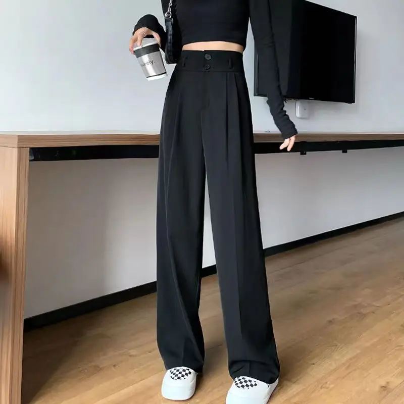 Black suit pants Women's spring and summer new Korean casual straight tube drape loose wide leg pants High waist slim pants