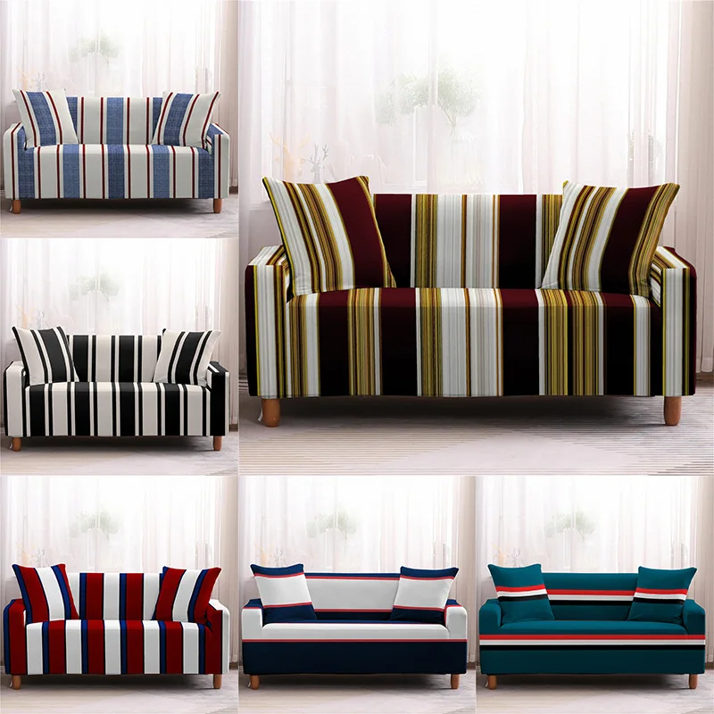 

Retro Simple Striped Pattern Printing Sofa Cover Spandex Stretch All-inclusive Sofa Chaise Cover Lounge Corner Couch Cover Home