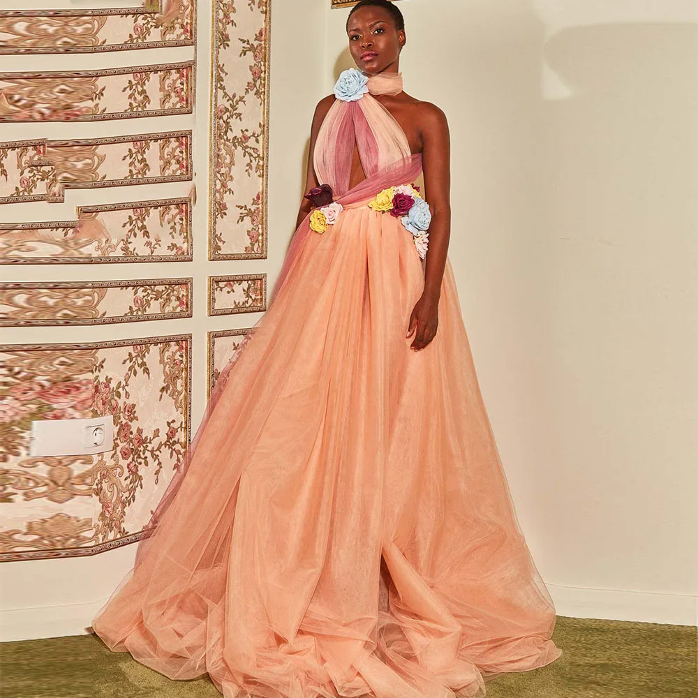 

Gorgeous Evening Dresses 3D Flower Halter Dubai Sexy Formal Party Gowns Long Africa Sleeveless Backless A-Line Tulle Prom Dress