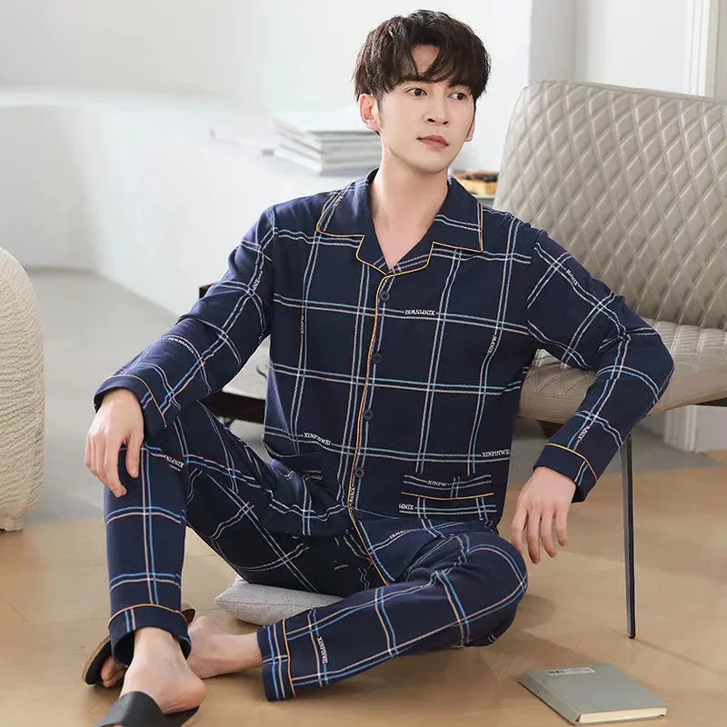 100% Cotton Pajamas Sets For Men Long Sleeve Trousers Lounge Sleepwear Pyjamas Male Home Clothes 2 Pieces /Sets Homewear