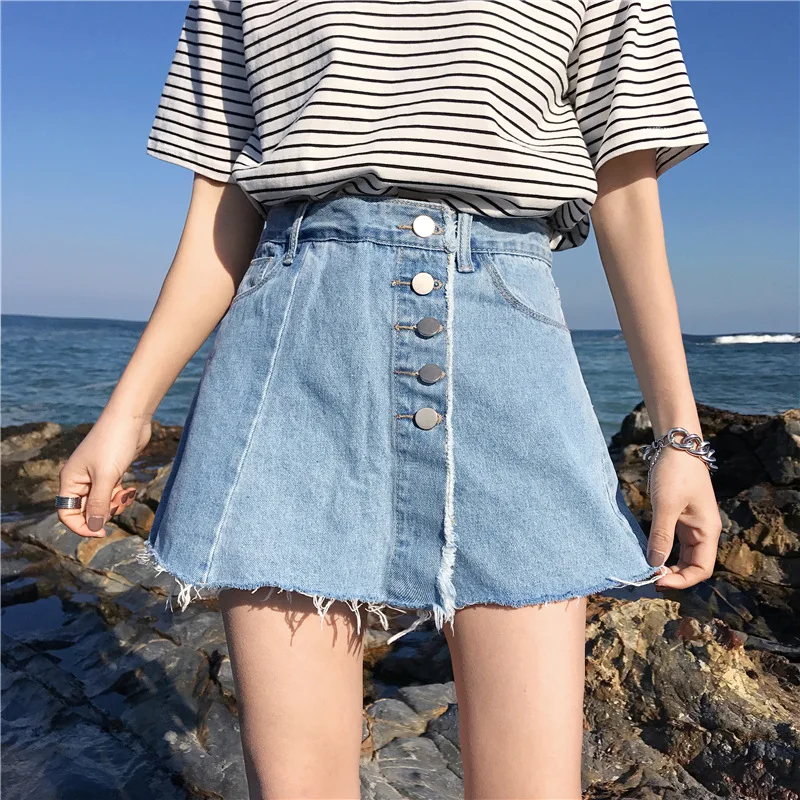 Women's Blue Jeans Skirt Shorts High Waist Irregular Shorts Skirts Fashion Raw Edge Fake 2 Piece Wide Leg Skirt Denim Shorts