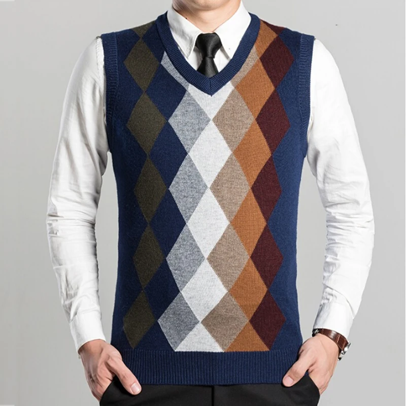 

Трикотажный свитер без рукавов с воротником 2017, мужской кашемировый узор, модный мужской жилет с ромбиками, дизайнерский жилет