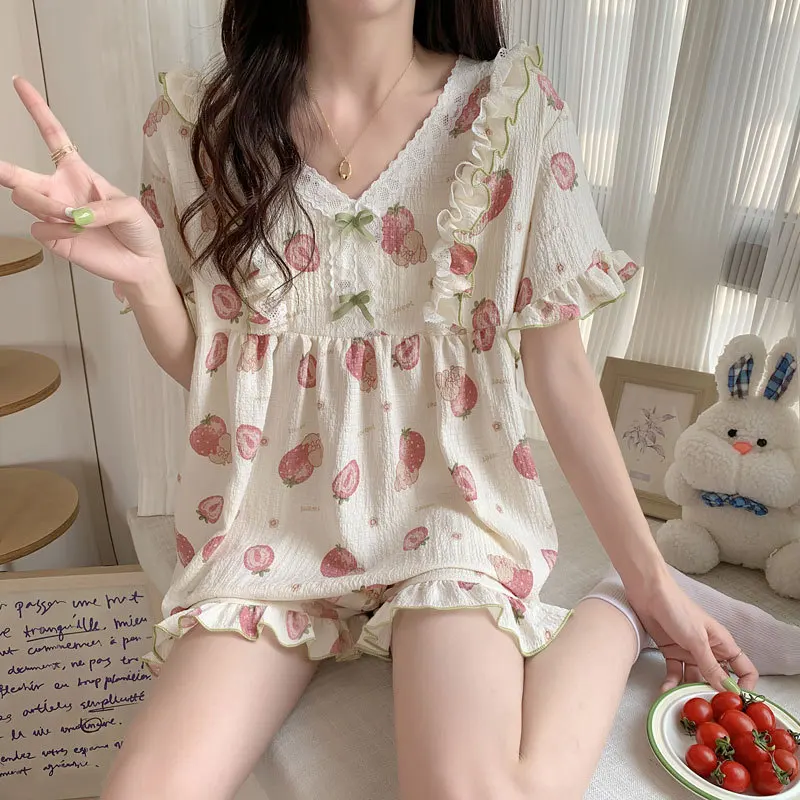 Women Summer Grid Cherry Bear Print Cartoon Kawaii Trendy Womens 2pcs Pyjamas Elegant Pajama Sets Turn-down Collar Short Sleeve