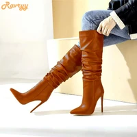 brown pleated knee high boots genuine leather pointed toe fashion boots stiletto heel women plus size 46 long boots