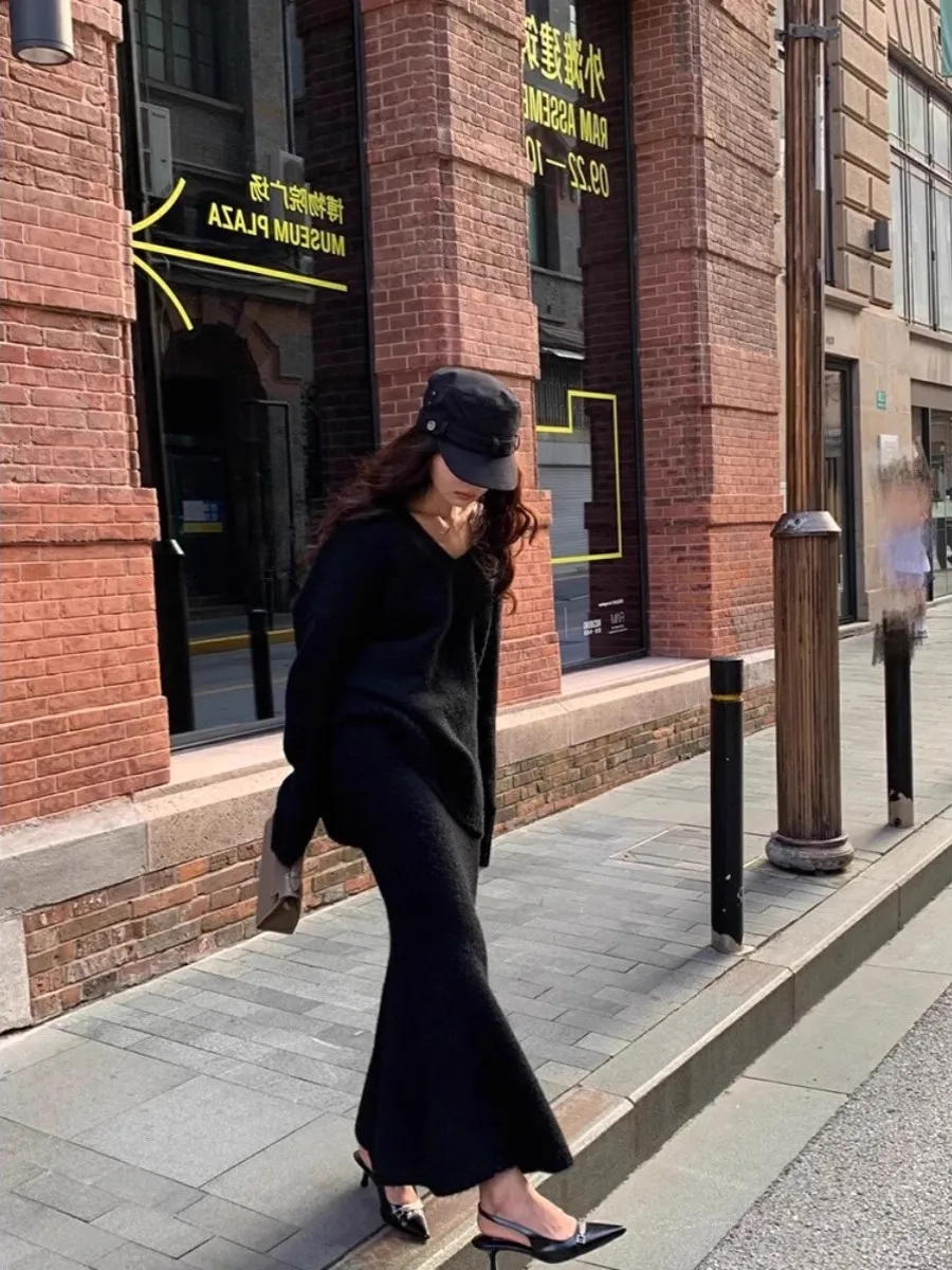 Свитер в ленивом стиле комплект юбки для женщин осенне-зимний пуловер с