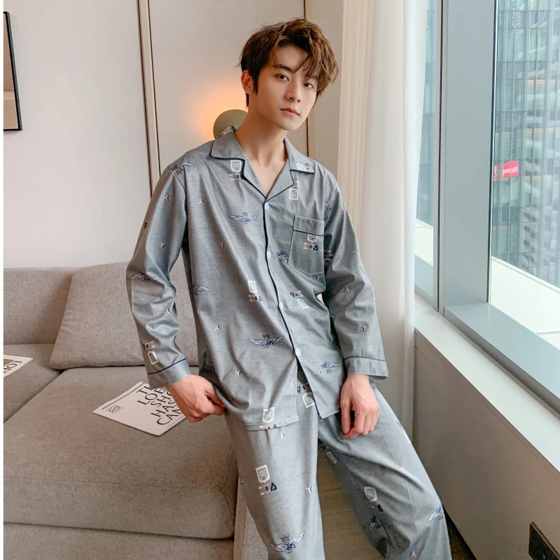 CAIYIER Autumn Winter Pajamas Set For Men Grid Print Long Sleeve Cardigan Casual Sleepwear Male Simple Leisure Homewear XL-3XL