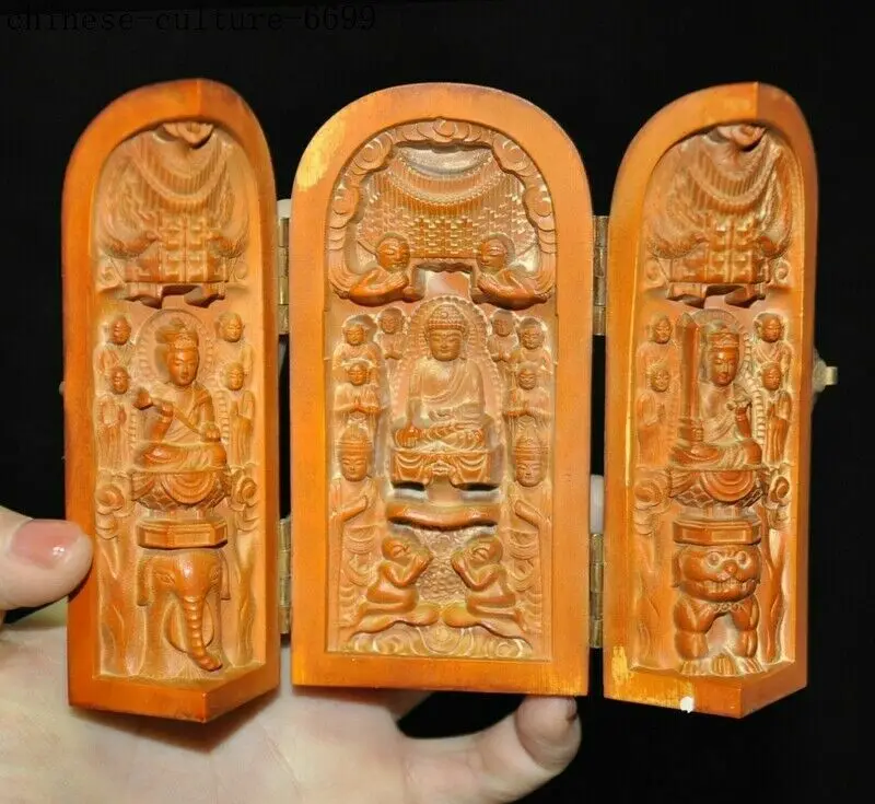 

Hand Carved Boxwood Lotus West 3 God buddha statue sakyamuni Kwan-Chinese- Yin