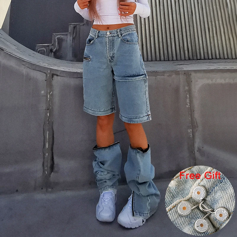 

Detachable Boyfriend Jeans For Women Harajuku Streetwear Y2k Denim Loose Straight Pants Baggy High Waisted Jeans Grunge Clothes