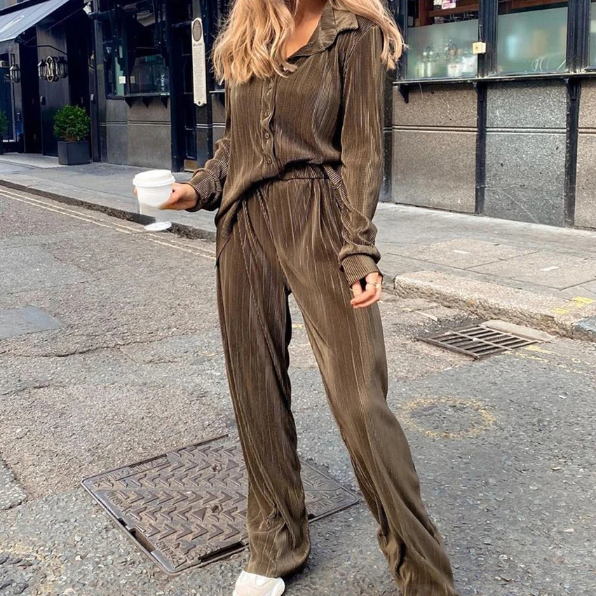 

Clacive Casual Loose Shirts Pants Set Woman 2 Pieces Elegant Brown High Waist Pant Suits Fashion Pleated Home Wide Trouser Suits