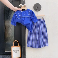girls korean style short sleeved top and plaid wide leg pants two piece set fashion clothes kids boutique clothing wholesale