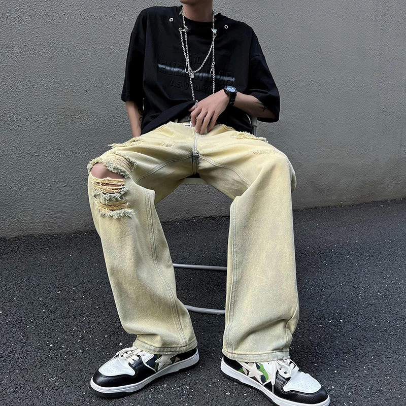 Summer Ripped Baggy Jeans Men's Fashion Casual Straight Jeans Japanese Streetwear Loose Hip Hop Hole Denim Pants Mens Trousers