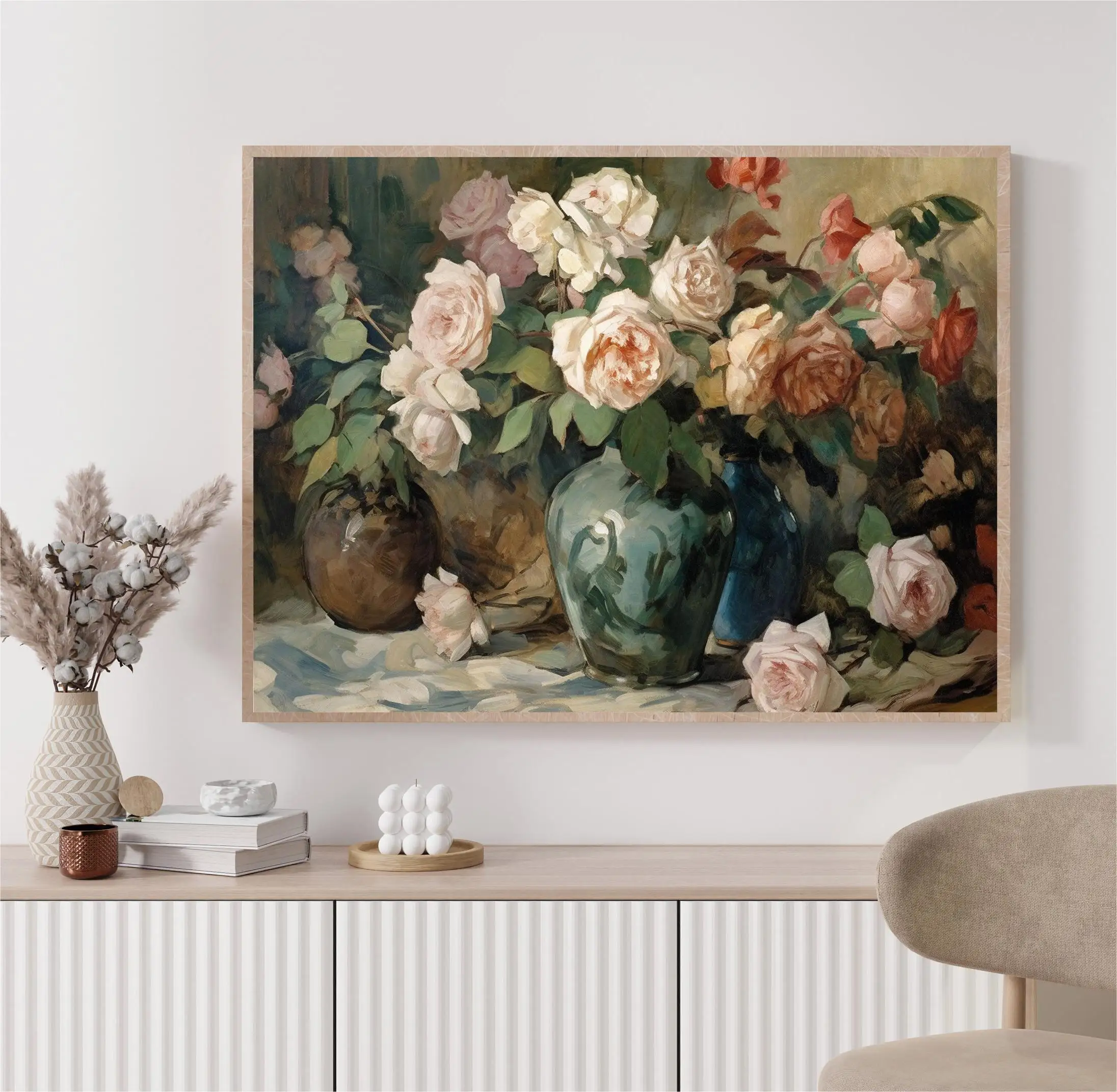 Винтажный букет из розовых роз Скандинавская мода натюрморт картина маслом