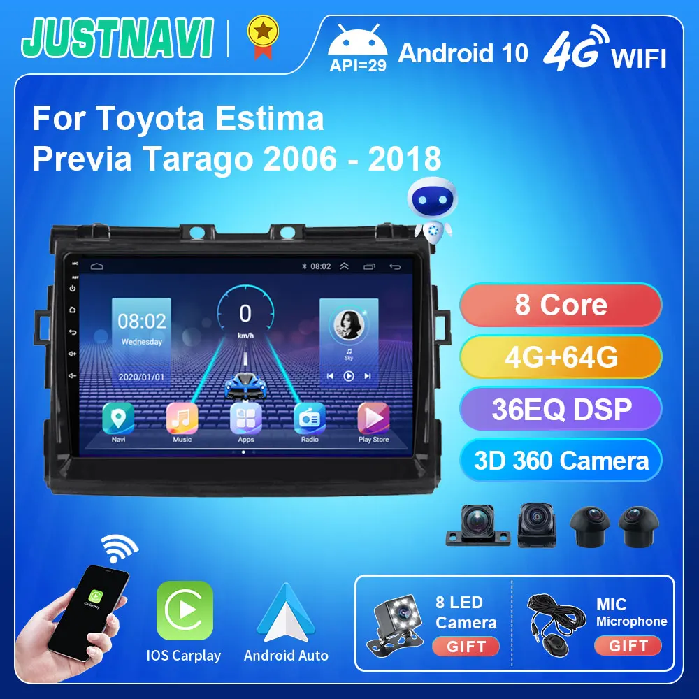 

Автомагнитола JUSTNAVI QT5, 4 + 64 ГБ, Android 10,0, GPS-трекер без DVD, для Toyota Estima Previa Tarago 2006 - 2018