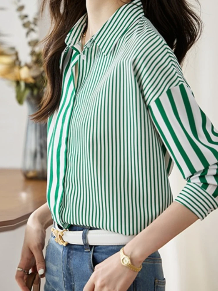 Женская шифоновая блузка EVNISI в зеленую полоску с принтом воротник-поло шикарная