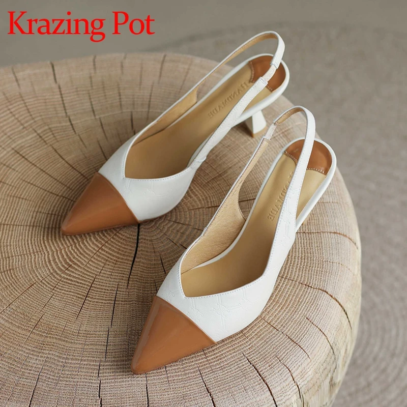 

Krazing pot sheep leather pointed toe strange high heels mixed colors French elegant beauty lady dress fashion women pumps L18