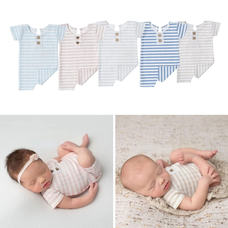 

Newborn Baby Photography Props Short Sleeve Rompers Striped Print Buttons Round Neck Infant Jumpsuit Toddler Onesie Costume