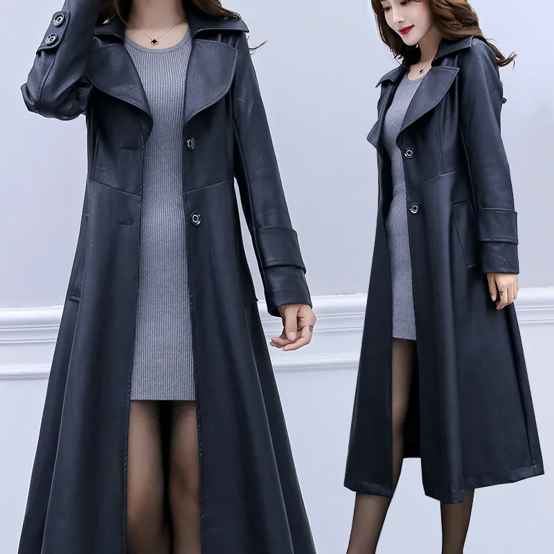 Spring and Autumn New Long Black Soft Artificial Leather Women's Long Sleeve Button Slim Elegant Comfortable Versatile Jacket