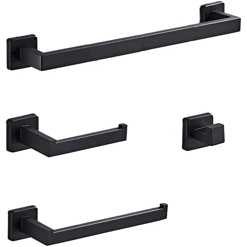 

Bathroom Hardware Accessories Set 4Pcs Stainless Steel Matte Black 16 Inch Towel Bar+Toilet Paper Holder+Hand Towel Rod