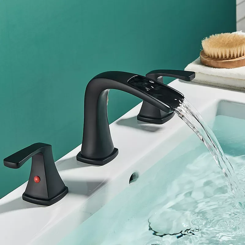 

Matter Black Waterfall Sink Faucet Widespread Hot Cold Water Mixer Brushed Gold Bathroom Faucet torneiras Dual Handles Mixer Tap