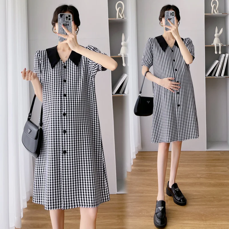

989# 2022 Summer Korean Fashion Plaid Maternity Straight Dress Elegant A Line OL Work Clothes for Pregnant Women Pregnancy