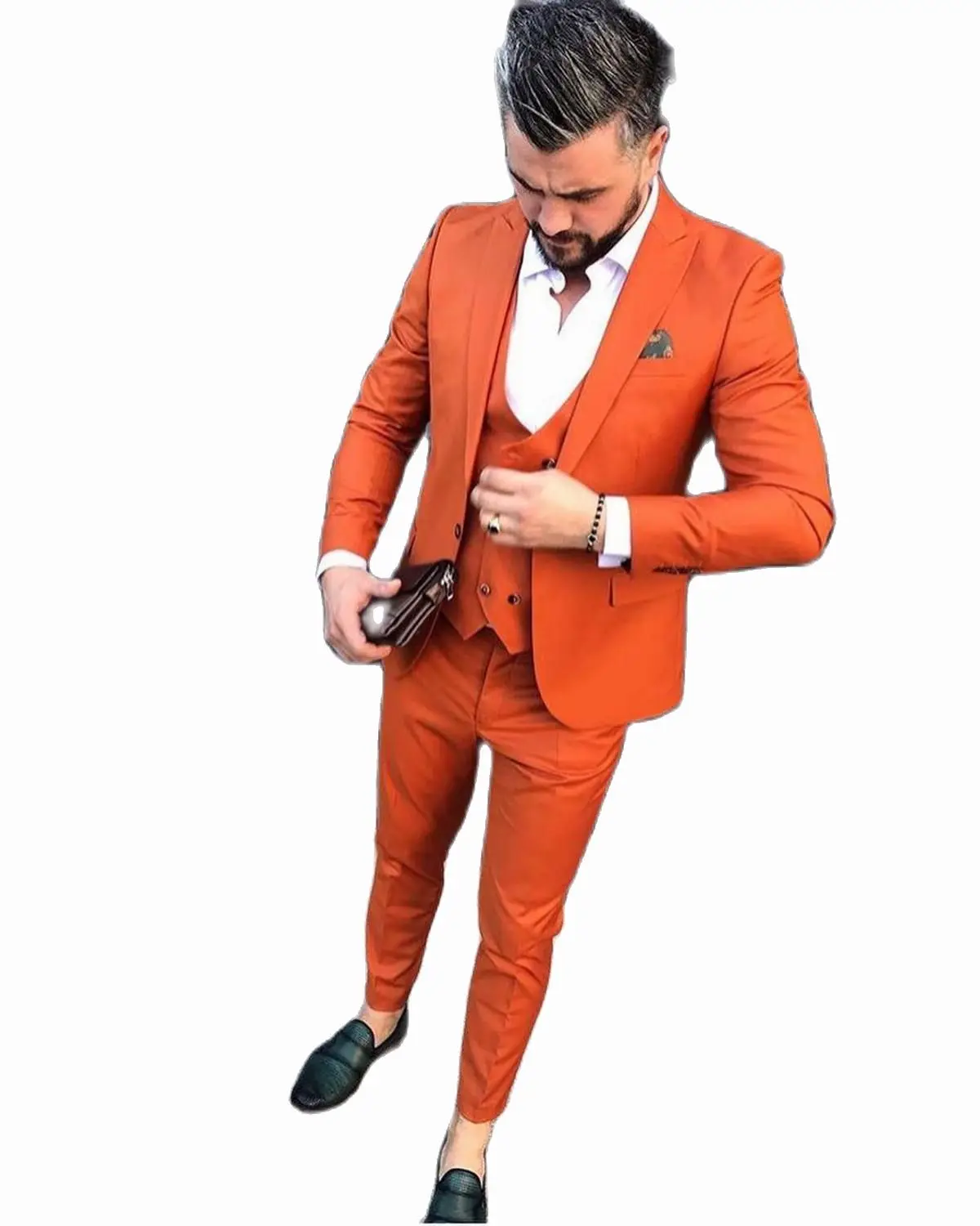 Orange Slim Fit Mens Prom Suits One Button Blazer Sets Wedding Suits For Men Tuxedos Three Pieces Blazers Jacket+Pants+Vest