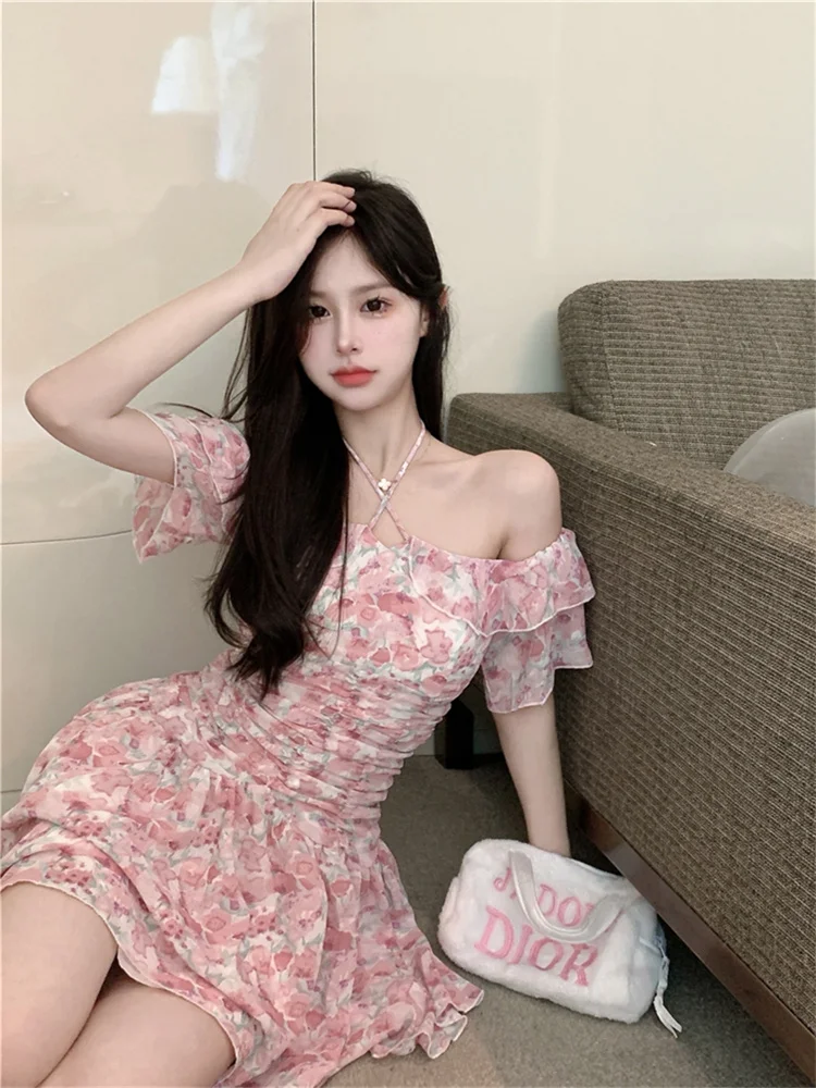 

Sweet Floral Dresses Women Summer French Cross Halter Off Shoulder Ruffled Short Robe A-line One Piece Korea Dress
