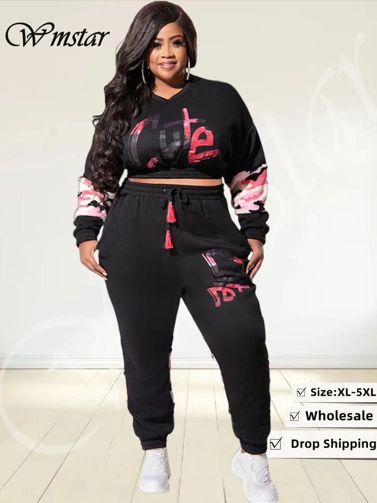 

Wmstar Plus Size Two Piece Outfits Women Letter Print Sweatsuit Leggings Pants Sets Stretch Matching Wholesale Dropshipping
