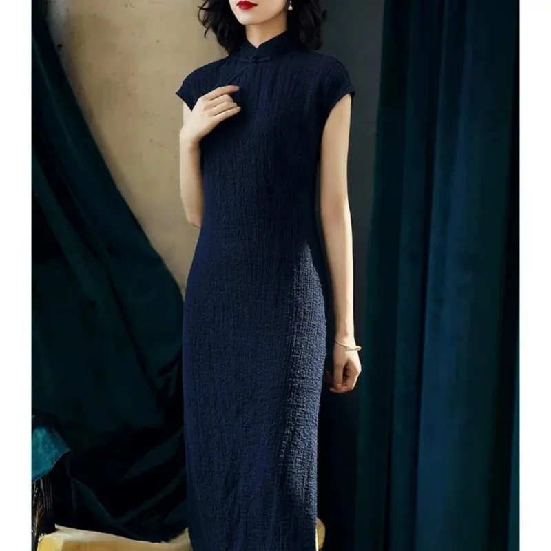 Фото 2023, традиционное китайское платье Cheongsam для женщин и девочек, хлопковое льняное платье в стиле ретро, облегающее сексуальное короткое винтажное платье qipao khj №2