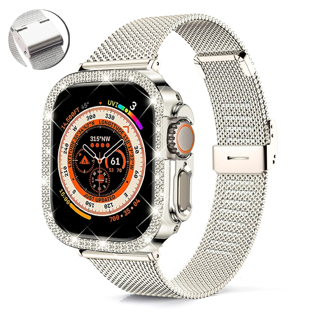 

Ремешок «Миланская петля» для Apple Watch Ultra 2 49 мм 8 7 41 38 40 мм, браслет со стразами для iWatch Series 9 6 5 se 4 44 45 мм 42 мм