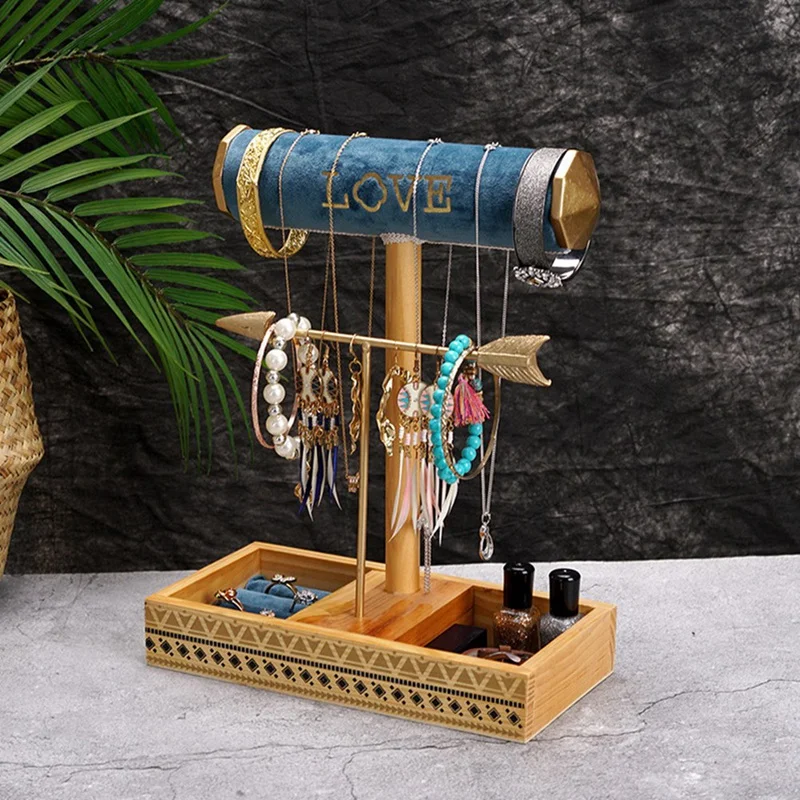 Jewelry Holder Stand, Metal & Wood Necklaces Holder, Jewelry Tree For Necklaces Bracelet Earrings And Ring