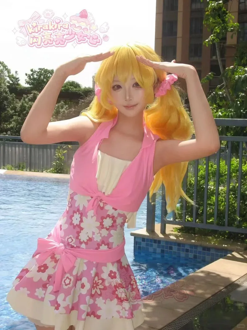 Фото Айкацу! Hoshimiya Ichigo косплей купальник милая девушка с высокой талией для похудения Cover up рюшами бандо цветок купальный костюм купальный костюм №5