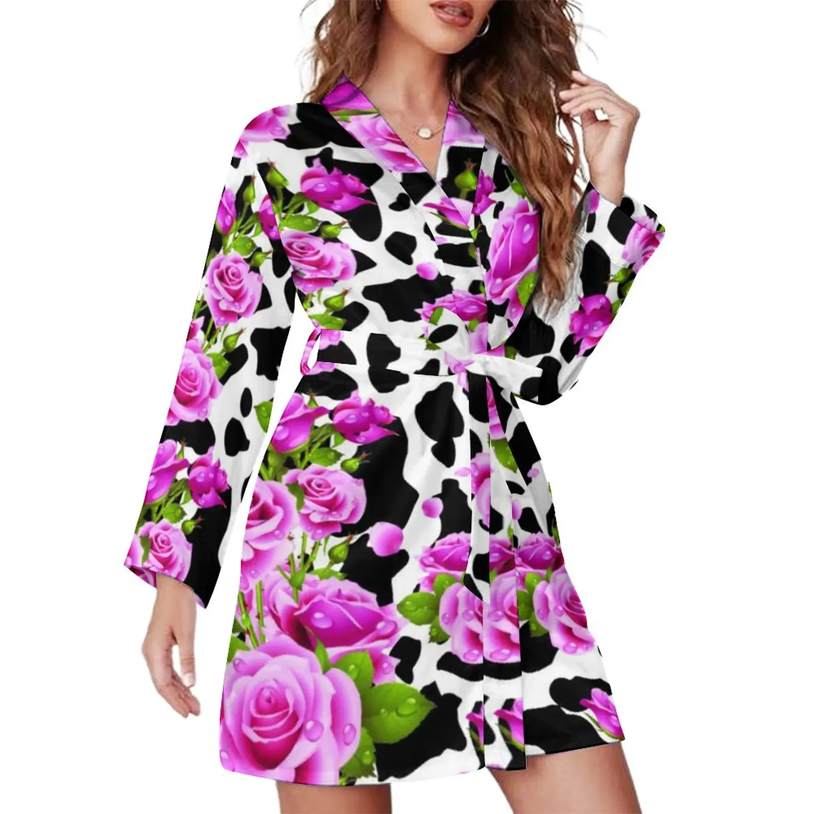 

Cow Print And Roses Placed Pajama Robe Cow Spots Flower Long-Sleeve Sleep Pajamas Robes Woman V Neck Lovely Nightgown Dress