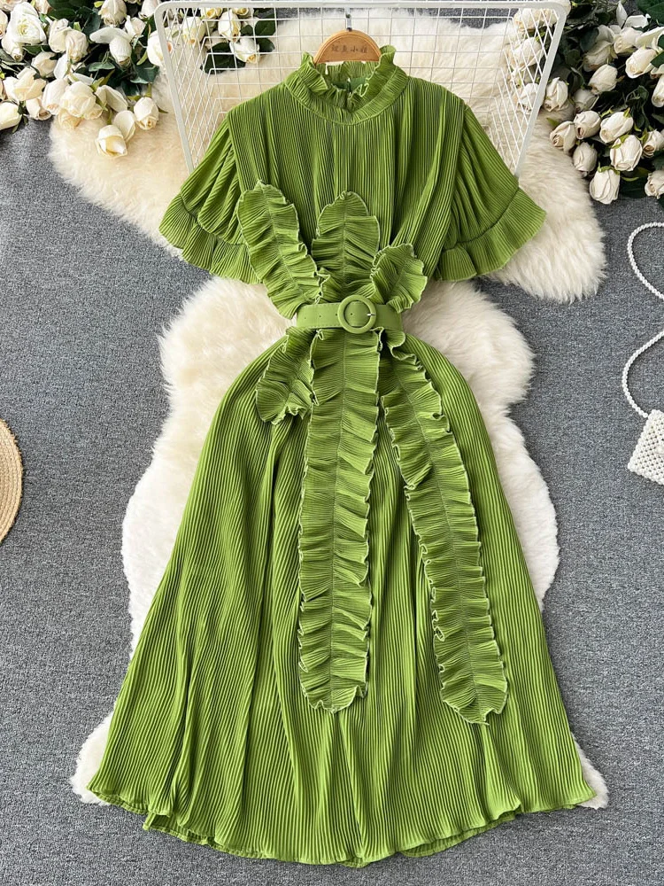 

Женское длинное платье с драпировкой, элегантное Плиссированное Платье для отпуска, Пляжное Платье-макси с оборками и коротким рукавом, Новинка лета