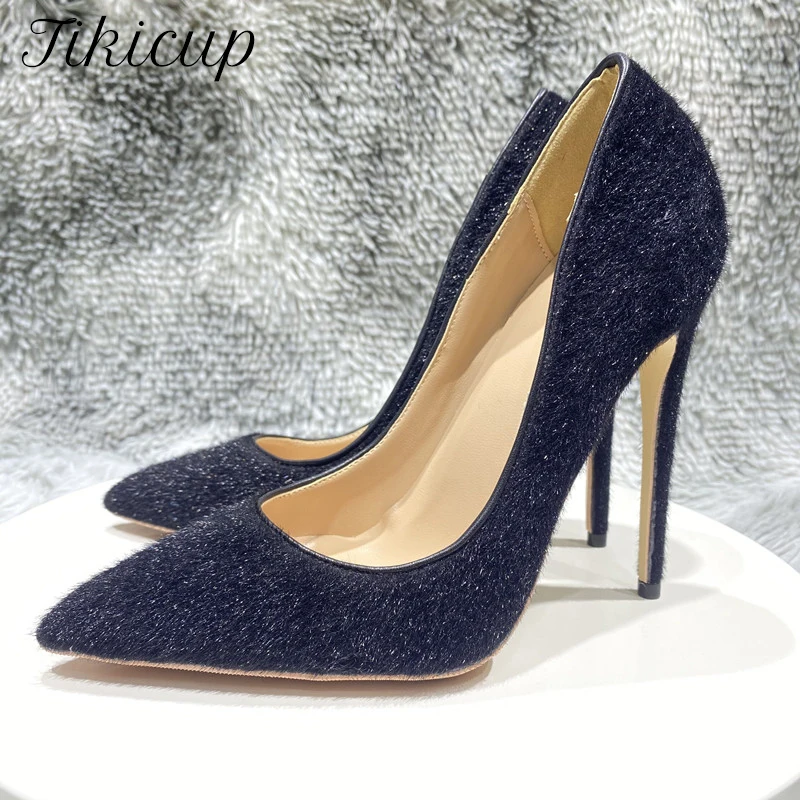 

Tikicup Black Hairy Flock Fabric Women Pointy Toe High Heel Shoes for Dress Suit Elegant Ladies Party Stiletto Pumps Customize