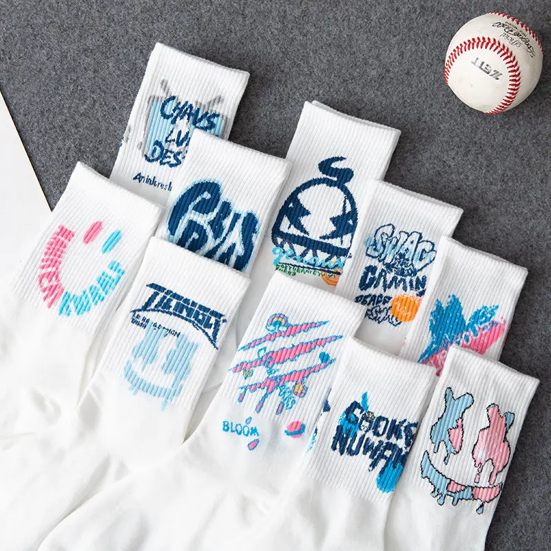 10PCS/SET Ins Style Fashion Harajuku Street Hip Hop Socks Unisex Funny Men Socks Happy Skateboard Flame Men Funny Socks Women