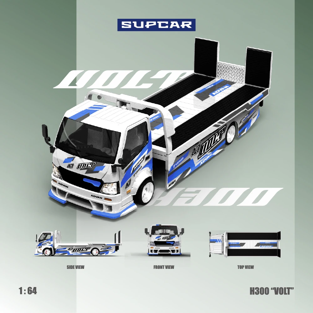 Фото Коллекционная модель автомобиля SUPCAR 1:64 H300 Flatbed Transport Trailer ADVAN VOLT, сине-белая ливеринговая расцветка, имитация, литая под давлением, из сплава. №1
