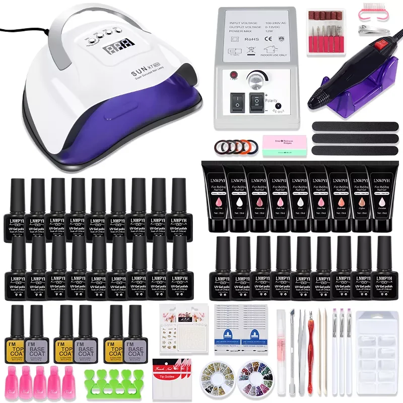 

Set 114/54/24W UV LED Light Dryer Nail Art 20000RPM Nail Drill and 9 Quick Extension Build Gel nail kit Nail Polish Kit