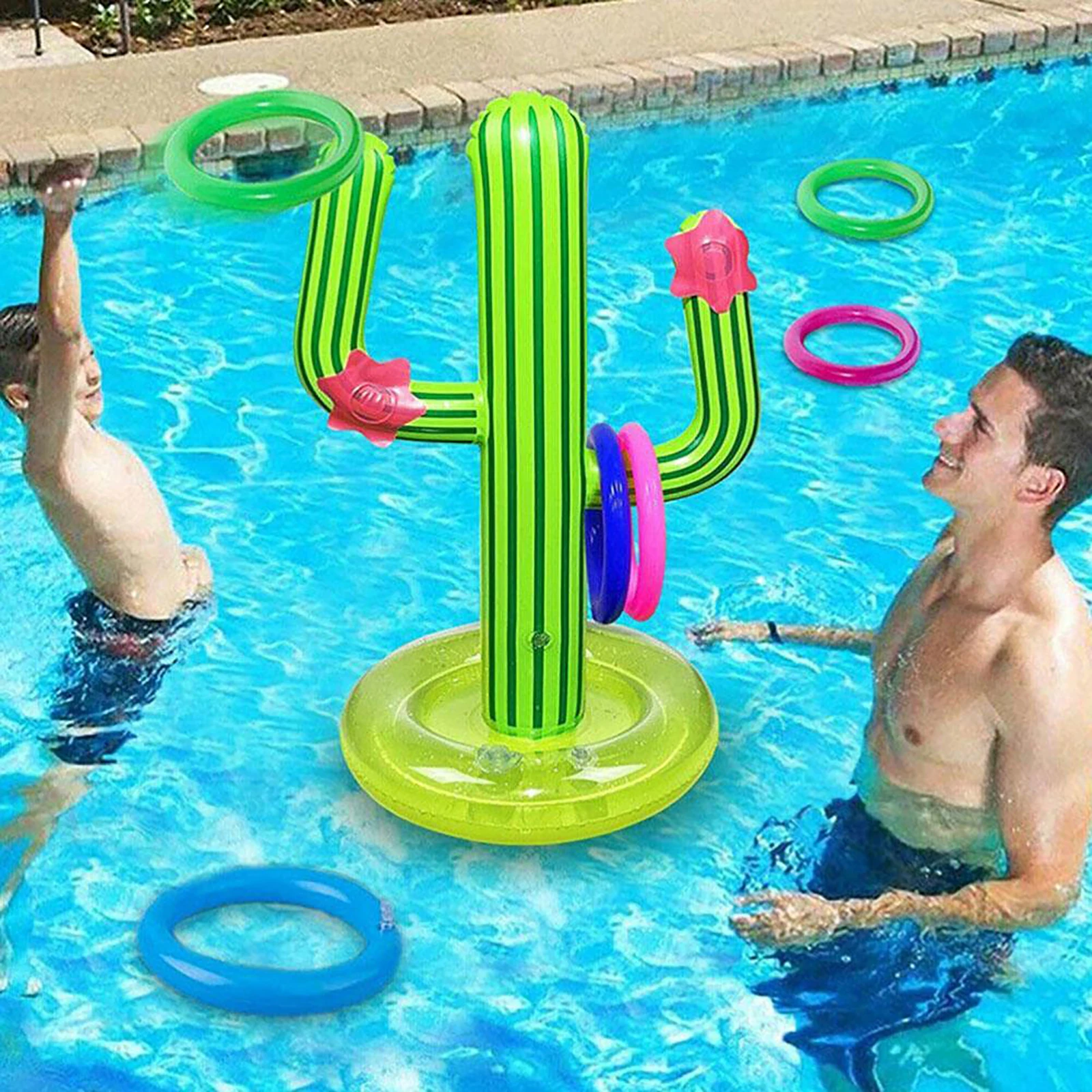 

PVC Inflatable Cactus Ring Toss Game Set Swimming Pool Floating Air Mattress with 4 Circles Summer Water Play Beach Party Props
